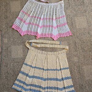 Set of 2 VINTAGE 1950s Handmade Crocheted HOSTESS HALF Aprons-One Pink, One Blue